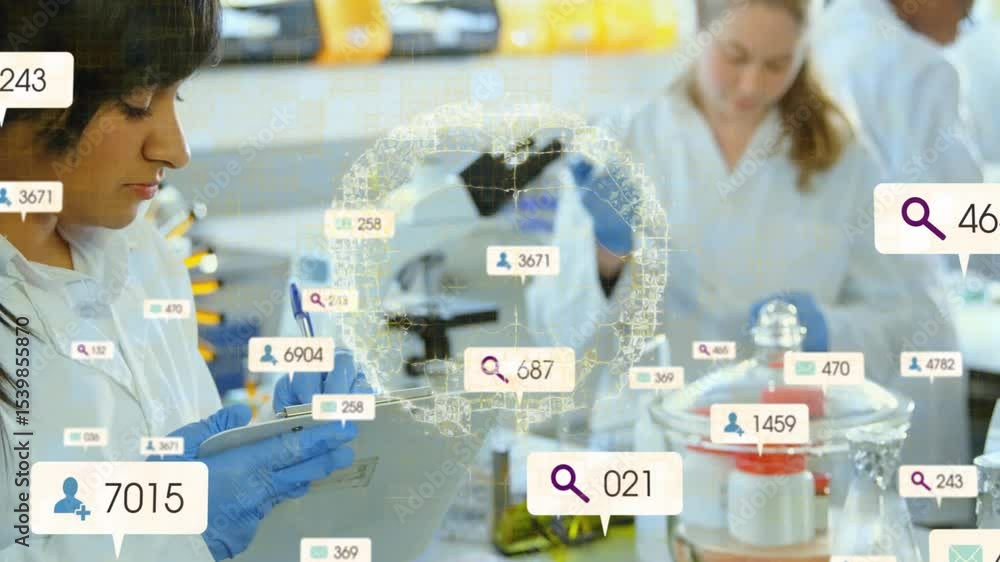 Poster female scientist taking notes at bench, ring spawning floating data icons visualizing lab metrics