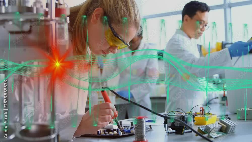 Poster female scientist soldering pcb in lab while waveforms pulsing and reactor glow forming red molecule
