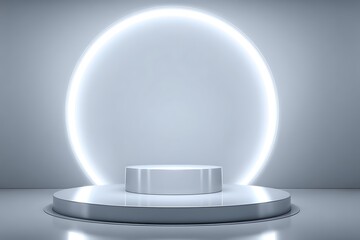 Minimalist White Stage Platform With Round Glowing Arch And Geometric Background