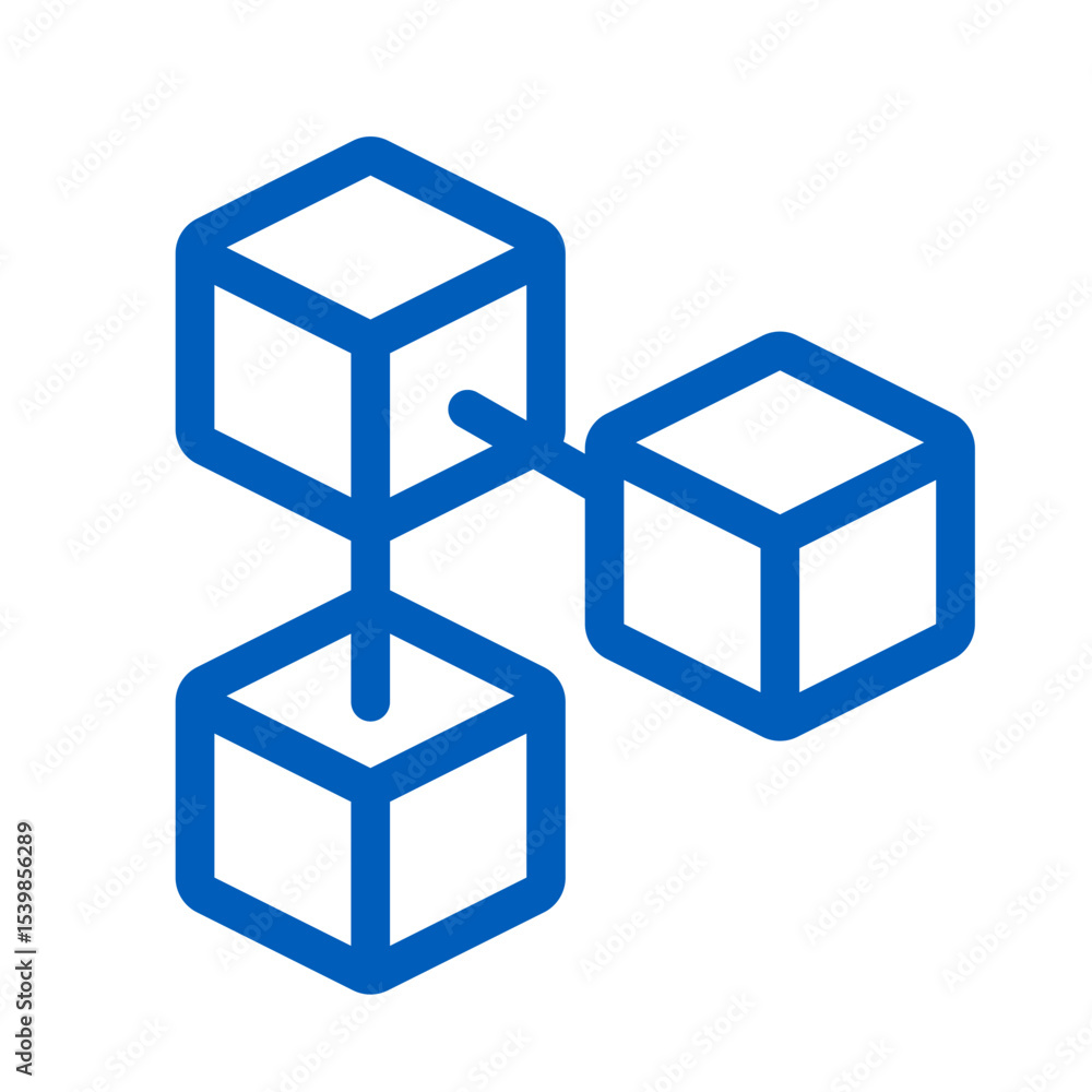 Poster illustration of a blue outline blockchain network with three connected cube shapes in a simple desig