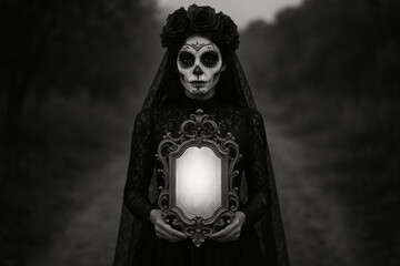 Eerie woman in Day of the Dead sugar skull makeup, black dress, and veil, holds a glowing ornate mirror in a dark, misty forest path. Monochrome.