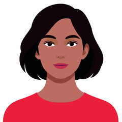Flat vector illustration of a young woman with medium skin tone, short black hair, and red top on a white background. Perfect for avatar, profile icon, diversity, beauty, and web design projects.