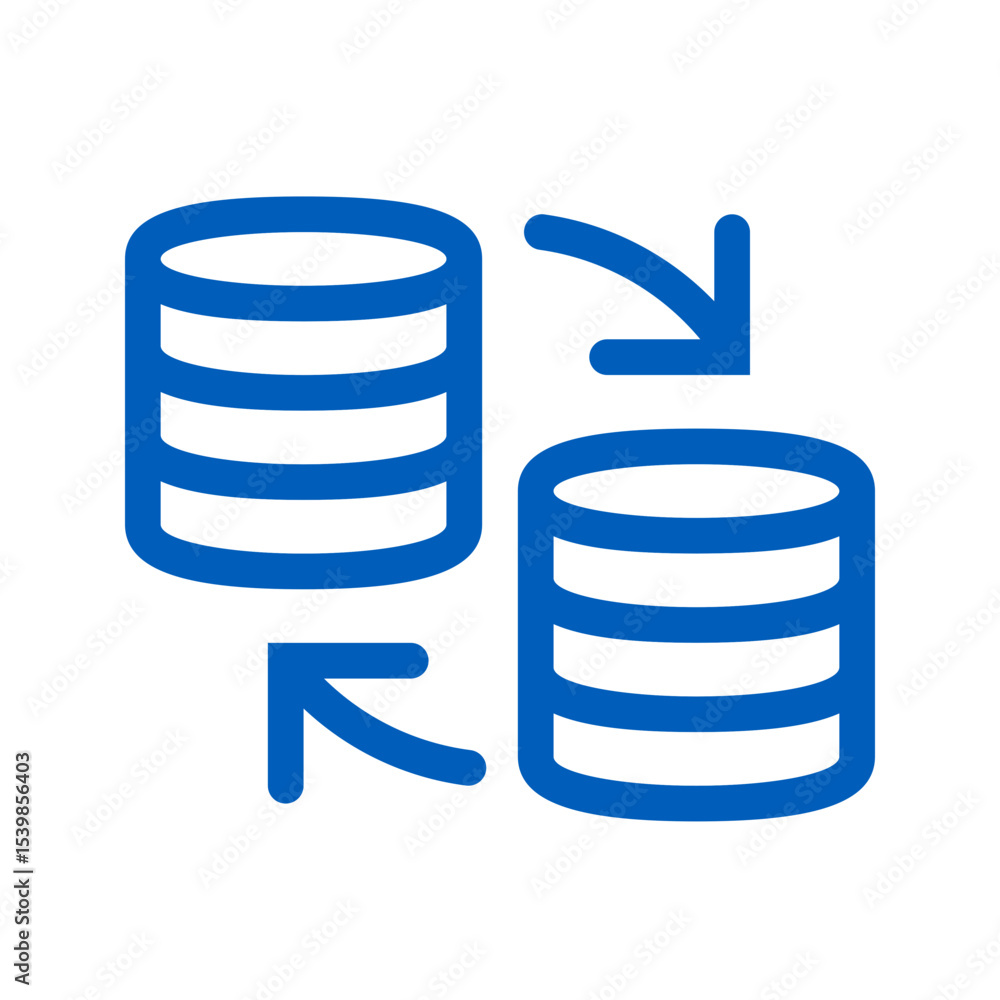Poster blue database sync icon showing data transfer between two storage units with curved arrows in betwee