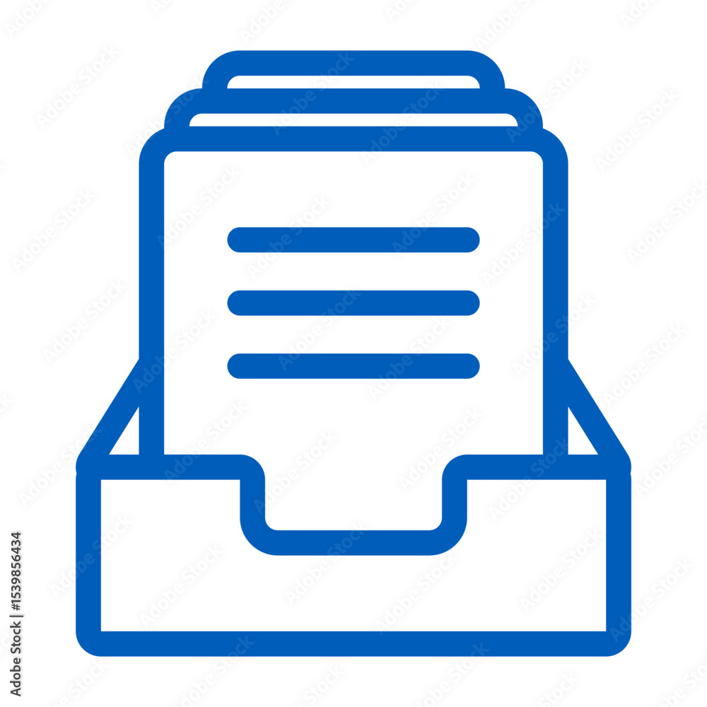 Poster blue outline icon showing a document tray filled with papers and horizontal lines indicating text