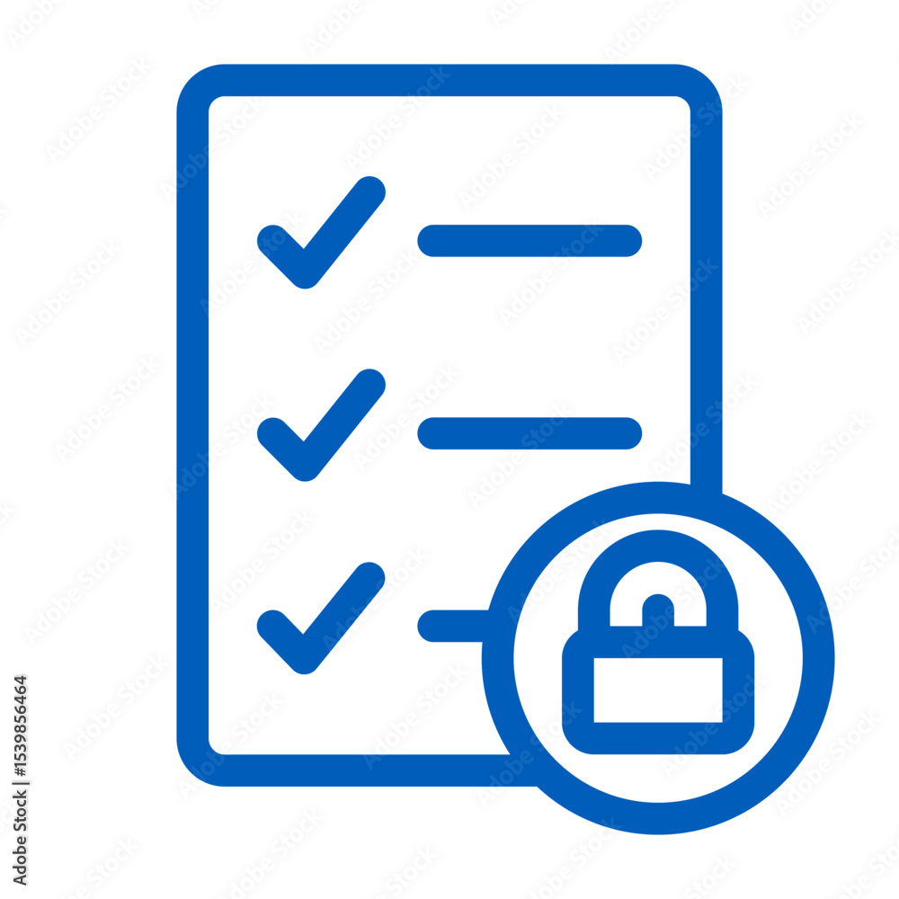 Poster blue checklist with checkmarks and horizontal lines secured by a padlock in a circle outline icon