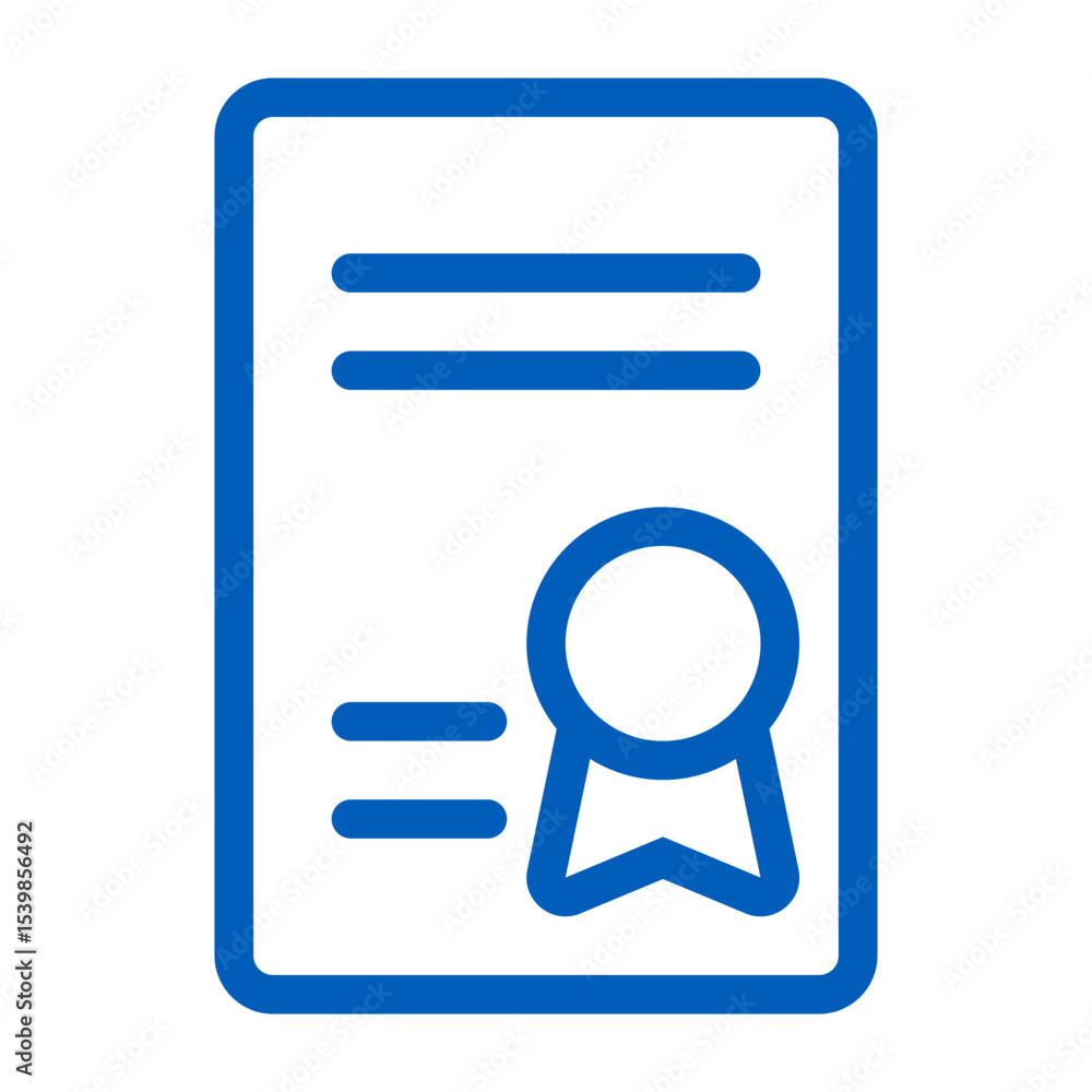 Poster blue certificate icon with seal and lines representing text on a white background in a simple style