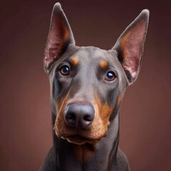 A dog with brown and black fur and blue eyes