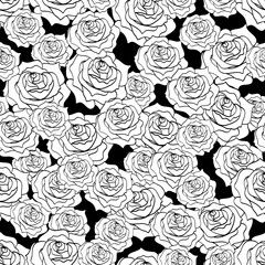 Black white seamless pattern with blossoming roses flower heads. Many outline hand drawn roses, chaotic filling, monochrome colors. Abstract floral vector print for fabric or interior textile.