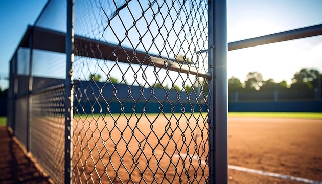 Baseball dugout with sunny field.