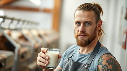 farm worker with glass of milk