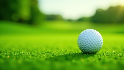 Abstract green golf course background, white golf ball in focus, vibrant, club