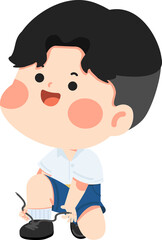Illustration of Schoolboy Tying Shoelaces cartoon