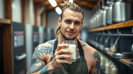 farm worker with glass of milk