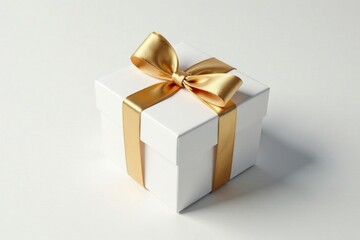 Luxury white gift box tied with a golden ribbon bow, clean background , celebration, celebration