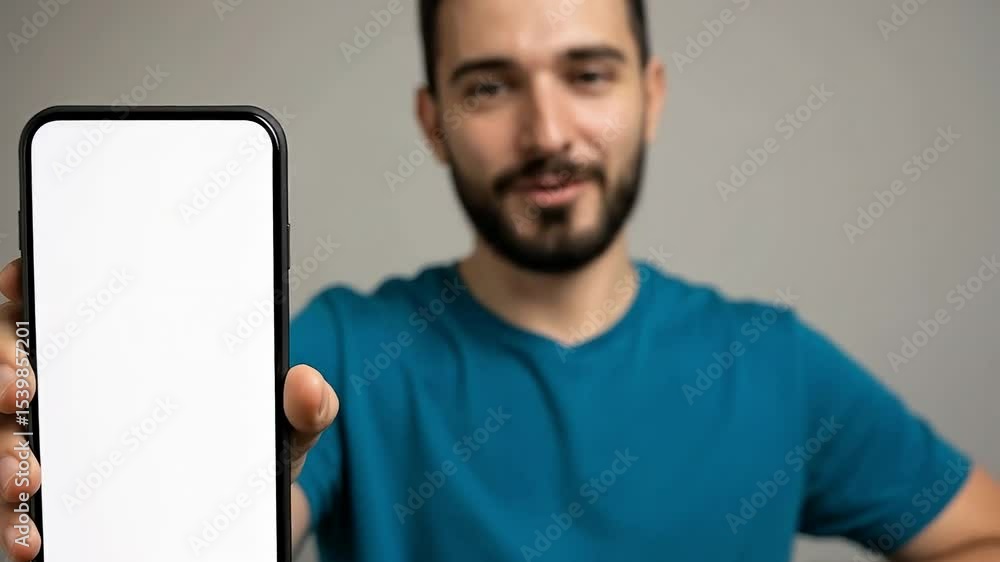 Poster a smiling man holds up a smartphone with a blank screen and points at it