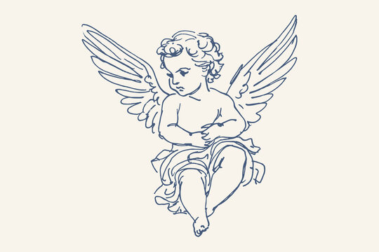 Seated angel with wings minimalist sketch vector illustration