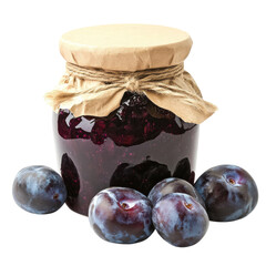 Jar of plum jam and plums on transparent background.