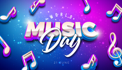 World Music Day Banner Illustration with 3d Musical Notes and Typography Letter on Fluorescent Background. Vector International June 21 Festival Design Template for Web Banner, Post Card, Greeting