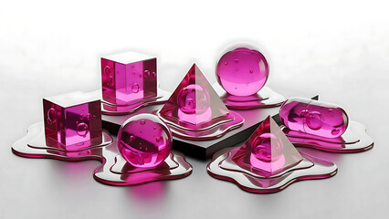 Magenta Geometric Shapes in Liquid: Abstract 3D Render