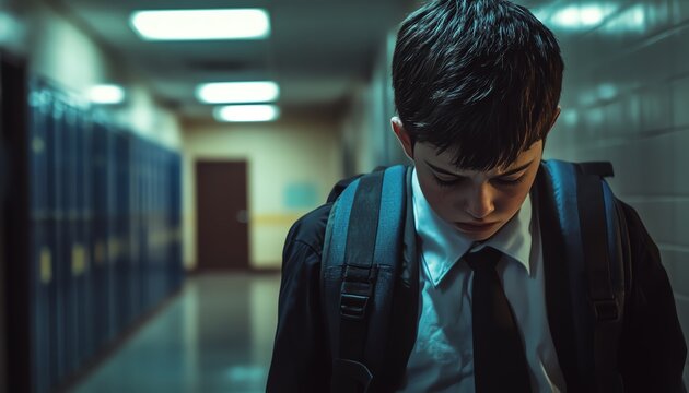 A young student walking in a dim hallway. - Powered by Adobe