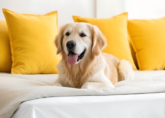 Obraz premium Dog with tongue out lies on bed with yellow pillows. Useful for articles about pets, advertisements for bedding and interiors.