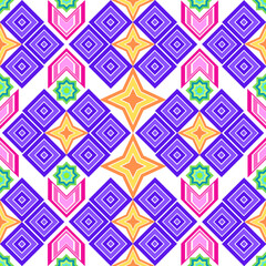 Seamless geometric pattern, Seamless geometric pattern with purple diamond shapes, pink arrows, orange stars and green flowers. Symmetrical abstract background. Modern, retro or eclectic bohemian them