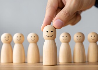 A hand carefully places a smiling wooden figure among a row of similar figures