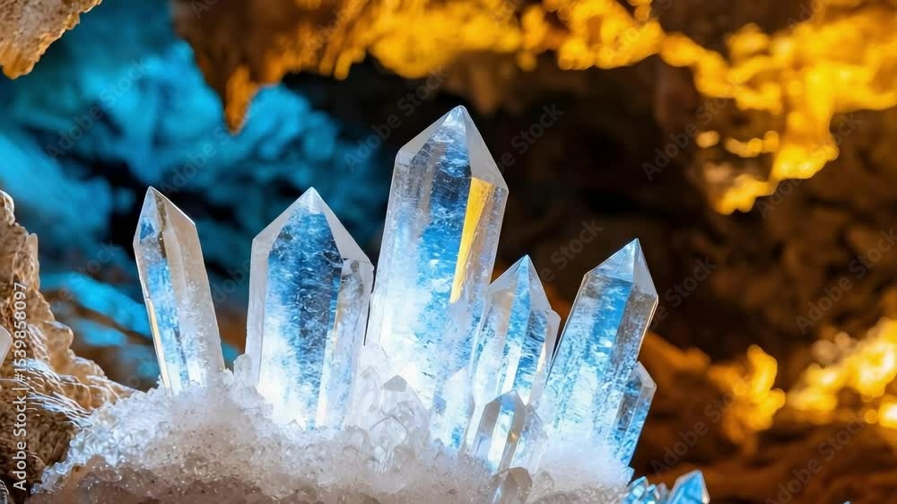 Poster a cluster of clear crystal formations illuminated in a cave, showcasing intricate shapes and texture