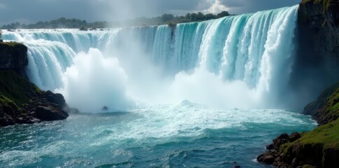 Turbulent water churning at the base of a waterfall, mist rising , photo, view