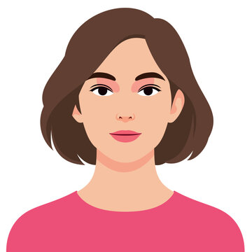 Flat vector illustration of a young woman with short brown hair, pink makeup, and a pink top on a white background. Ideal for avatar, profile icon, fashion, and digital media use.