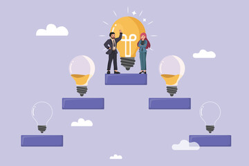 Business Team Successfully Reaching the Top of a Ladder of Ideas, Standing Triumphantly Beside a Brightly Lit Light Bulb, Symbolizing Innovation and Accomplishment.