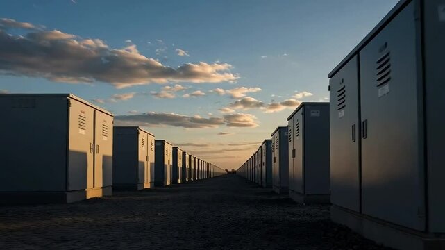 Rows of large industrial battery energy storage units line up at sunset under a cloudy sky