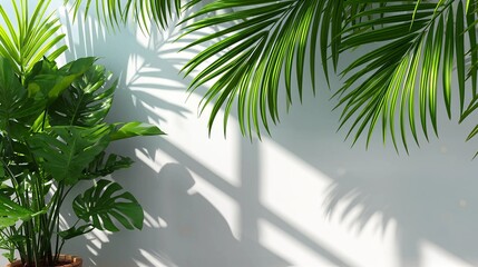 Tropical plants casting shadows on a white wall in bright sunlight