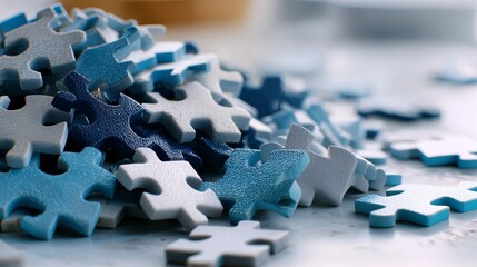 Pile of blue and white jigsaw puzzle pieces scattered on a table surface