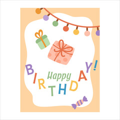 Cute colorful happy birthday card. Hand-drawn vector illustration in flat style.