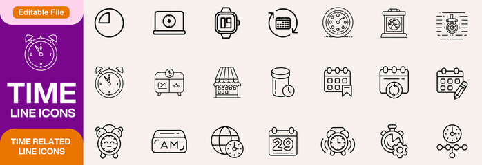 Time icon set. Containing timer, alarm, clock, schedule, hourglass, wristwatch, stopwatch, date, calendar, time management and more. Editable line icons. Vector illustration.