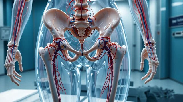  Futuristic 3d illustration of human pelvis bones with blood vessels and nerves on high-tech medical background, concept of advanced healthcare technology