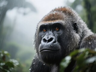 Obraz premium Gorilla in the Rain: Close-Up Portrait