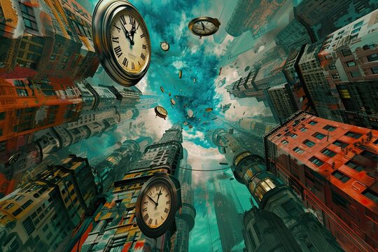 a surreal cityscape bending and twisting through time, buildings melting into different eras, clocks floating in the sky, vibrant colors