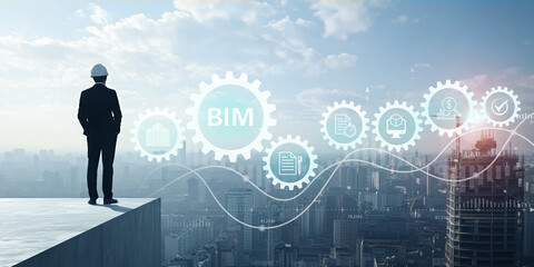 BIM technology for modern construction planning and management concept. A professional in a hard hat overlooks a city skyline with digital icons; BIM (Building Information Modeling) processes.