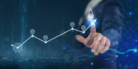Business growth and innovation strategy concept. Pointing a digital graph with icons representing progress, milestones, technology roadmap and a rocket symbolizing business launch and growth.