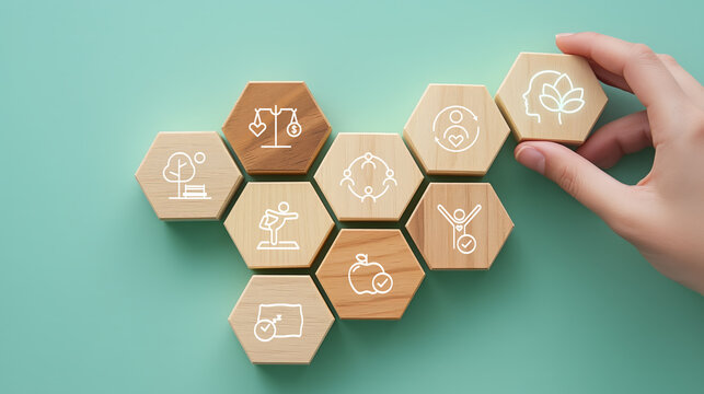Holistic Wellness Concept.Wooden hexagonal blocks arranged on pastel green background with white icons; wellness and healthy living, including mental health, nutrition, exercise and community.