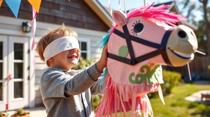 boy playfully strikes a large horse piñata hanging in a sunny American country house backyard