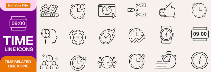 Time icon set. Containing timer, alarm, clock, schedule, hourglass, wristwatch, stopwatch, date, calendar, time management and more. Editable line icons. Vector illustration.