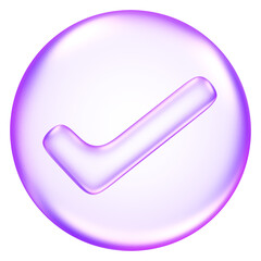 Confirm icon in purple glassmorphism style, used to represent approval, completion, or correct action in digital interfaces, 3d rendering