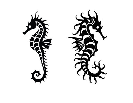 "Tribal Seahorse Tattoo Stencil Set &ndash; Vector Silhouette Illustrations"
