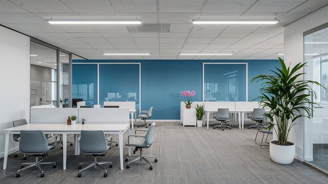 Open workspace with modern furniture and plants.