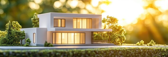 Miniature modern house model, sunlit exterior, surrounded by greenery
