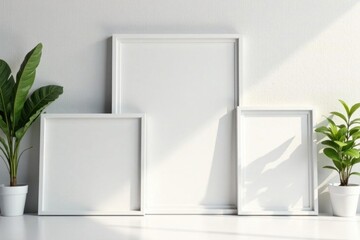 Various sized white frames against a bright backdrop, decor, top view