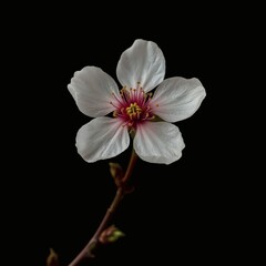 Obraz premium Delicate cherry blossom flower on a dark background in lucid realism. Ideal for floral photography, minimalistic nature art, spring themes, greeting cards, and elegant botanical designs.